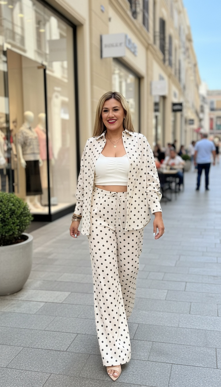 Conjunto Beige Estampado Polka Dots de Blusa de Manga Larga y Pantalón